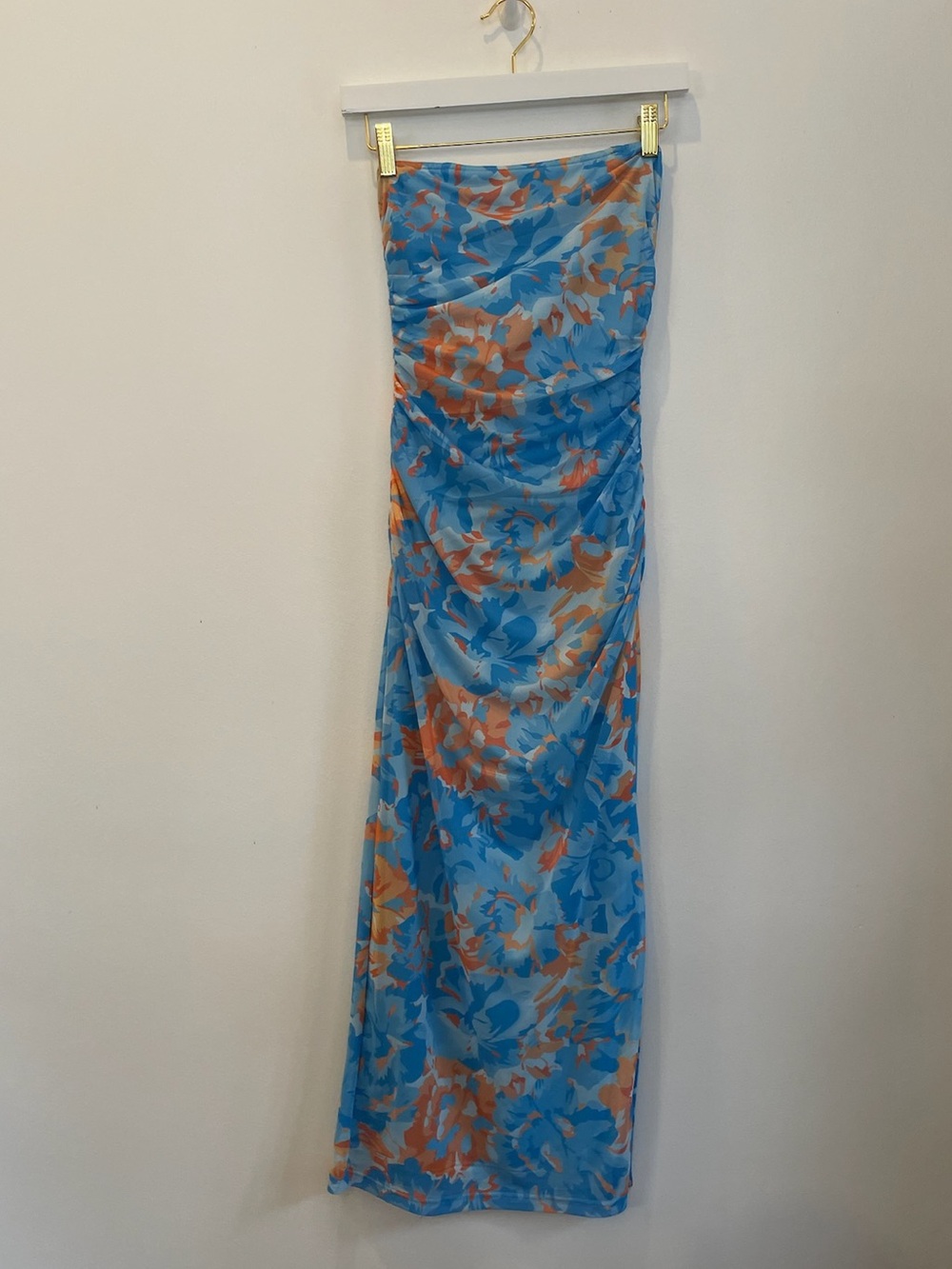 Ruched Blue Floral Maxi Skirt